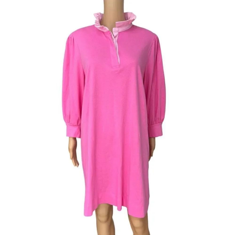 Crown & Ivy pink ruffle neck dress with puff sleeves 100% cotton size L